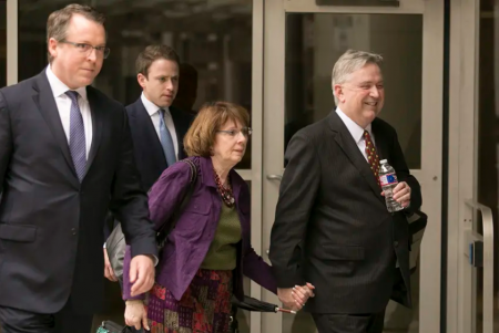 Former U.S. Rep. Steve Stockman, R-Friendswood, right, leaves the United States District Courthouse in Houston in 2018. Outgoing President Donald Trump commuted the remainder of Stockman's 10-year prison sentence for misuse of charitable funds.