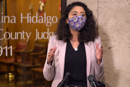 Harris County Judge Lina Hidalgo addresses reporters outside of her office on Jan. 5, 2020. Hidalgo said the region would likely begin to close bars and limit restaurant service after hospitalizations remained above Gov. Greg Abbott's thresholds for tightened restrictions.