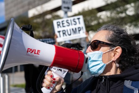 An anti-Trump protest in downtown Houston on Jan. 7, 2021, in response to pro-Trump extremists storming the U.S. Capitol.