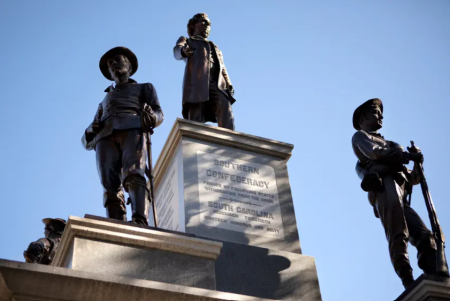 A 1903 Confederate monument stands at the south entrance to the Texas Capitol grounds.