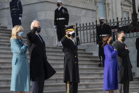 President Joe Biden, second from left, and first lady Jill Biden, left, join Vice President Kamala Harris, second from right and and her husband Douglas Emhoff, right, after they were sworn into office during the inauguration, Wednesday, Jan. 20, 2021, at the U.S. Capitol in Washington.