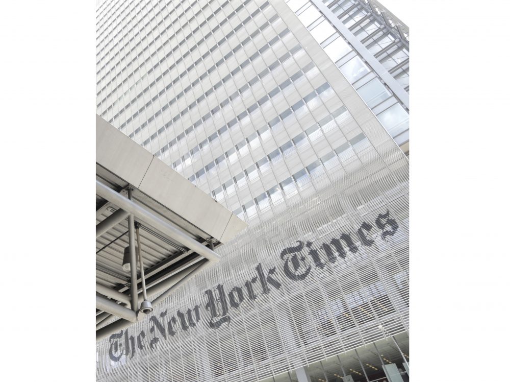 FILE - This June 22, 2019 file photo shows the exterior of the New York Times building in New York. The New York Times says it was wrong to trust the story of a Canadian man whose claims of witnessing and participating in atrocities as a member of the Islamic State was a central part of its award-winning 2018 podcast “Caliphate.” The 12-part series won a Peabody Award and was a Pulitzer Prize finalist. But it began to unravel when Canadian authorities in September arrested Shehroze Chaudhry on charges of perpetrating a terrorist hoax. He was included in the podcast under the alias Abu Huzayfah. The Times said its journalists should have done a better job vetting him, and not included his story as part of the podcast.