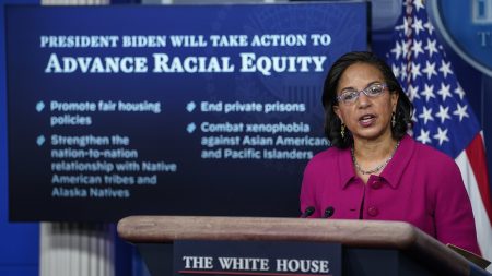 Susan Rice, President Biden's domestic policy adviser, discusses his racial equity agenda Tuesday at the White House.