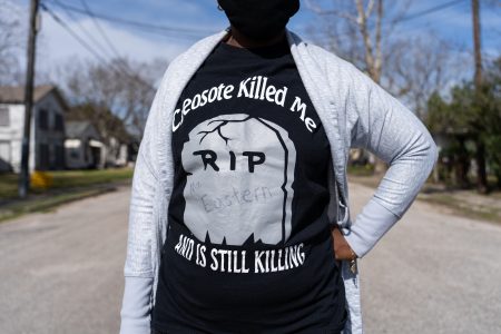 Sandra Edwards wears a "Creosote Killed Me" shirt, which were made in response to the creosote contamination allegedly caused by the Union Pacific Railyard. Taken on Jan. 27, 2021.