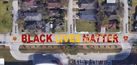 A concept design of the Black Lives Matter mural by Jonah Elijah in front of Yates High School in the Third Ward. The location was chosen as a memorial to the late George Floyd, a Yates alum.