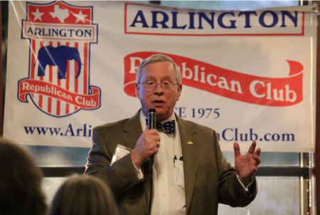 Ron Wright addressed primary voters at an Arlington Republican Club event in 2018.