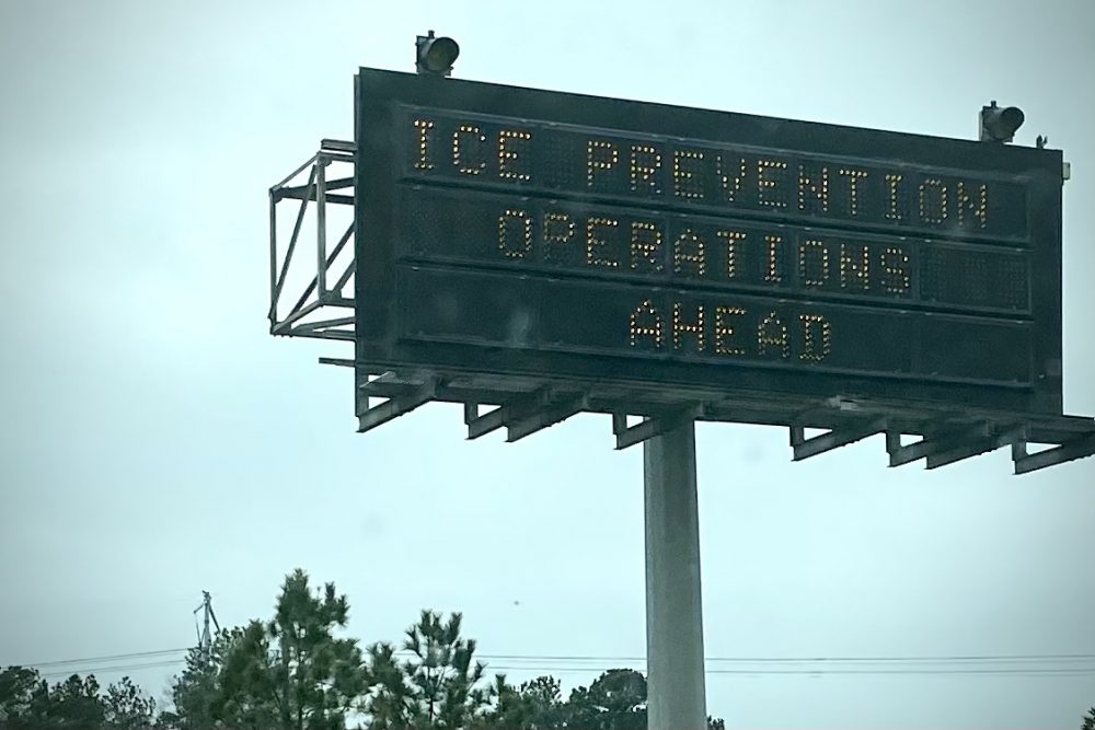 A sign on the side of the westbound Interstate-10 approaching West Loop 610 on Feb. 13, 2021. Houston is preparing for an arctic blast in the coming days.