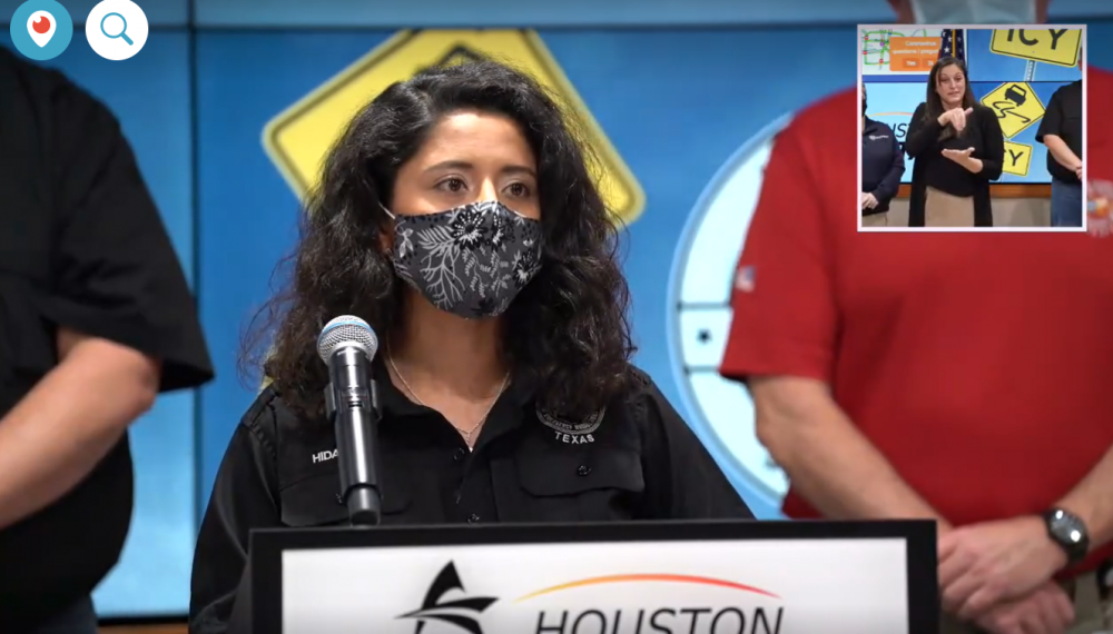 Harris County Judge Lina Hidalgo at a Feb. 14, 2021 press conference. Hidalgo announced she had signed a disaster declaration for the county ahead of a winter storm that threatened to drop temperatures into the teens.