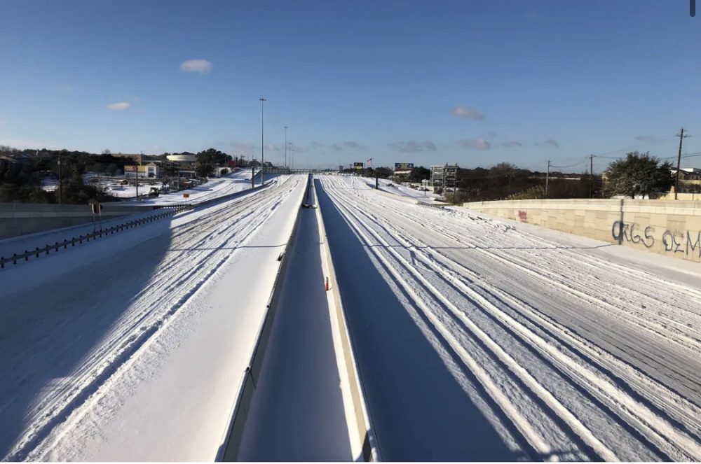 Interstate 35 near Stassney Lane in Austin was blanketed with snow on the morning of Feb. 15. A major winter storm affected the entire state of Texas.