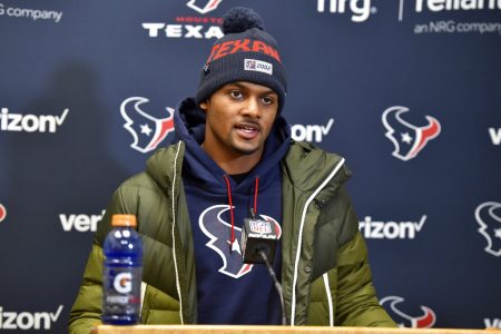 Houston Texans quarterback Deshaun Watson speaks during a news conference following an NFL divisional playoff football game against the Kansas City Chiefs in Kansas City, Mo., in this Sunday, Jan. 12, 2020, file photo.