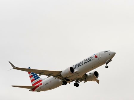 An American Airlines Boeing 737 MAX airplane takes off on a test flight from Dallas-Fort Worth International Airport in Dallas, Texas, on December 2, 2020. - The Boeing 737 MAX is taking another key step in its comeback to commercial travel by attempting to reassure the public with a test flight by American Airlines conducted for the news media. (Photo by Cooper NEILL / AFP) (Photo by COOPER NEILL/AFP via Getty Images)