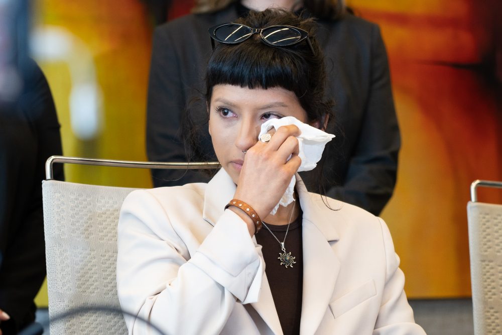 An emotional Ashley Solis speaks at a press conference on Tuesday, April 6, 2021. Solis is the first woman to publicly identify herself after accusing Deshaun Watson of sexual assault in a lawsuit.