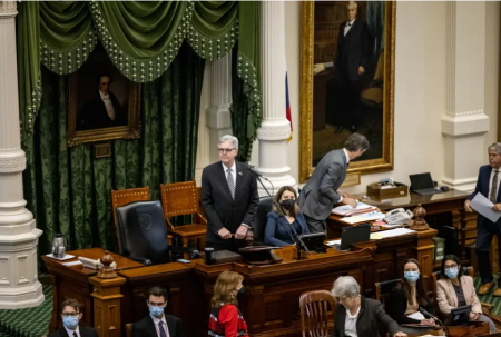 Lt. Gov. Dan Patrick presides over the Senate session on March 20. On Tuesday, the upper chamber passed a two-year state budget, but several questions remain about expected federal aid.