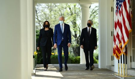 President Biden, Vice President Harris and Attorney General Merrick Garland arrive Thursday at the White House Rose Garden to speak about gun violence prevention.