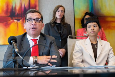 Attorney Tony Buzbee, left, and Ashley Solis at a press conference on Tuesday, April 6, 2021. Solis was the first woman to publicly identify herself after accusing Deshaun Watson of sexual assault in a lawsuit.