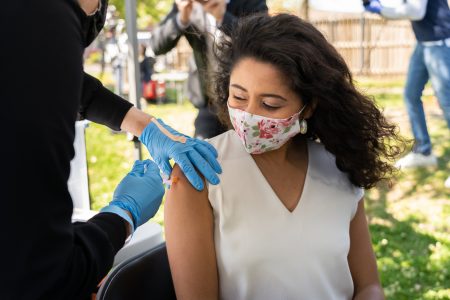 Lina Hidalgo gets a vaccine dose on April 1, 2021.