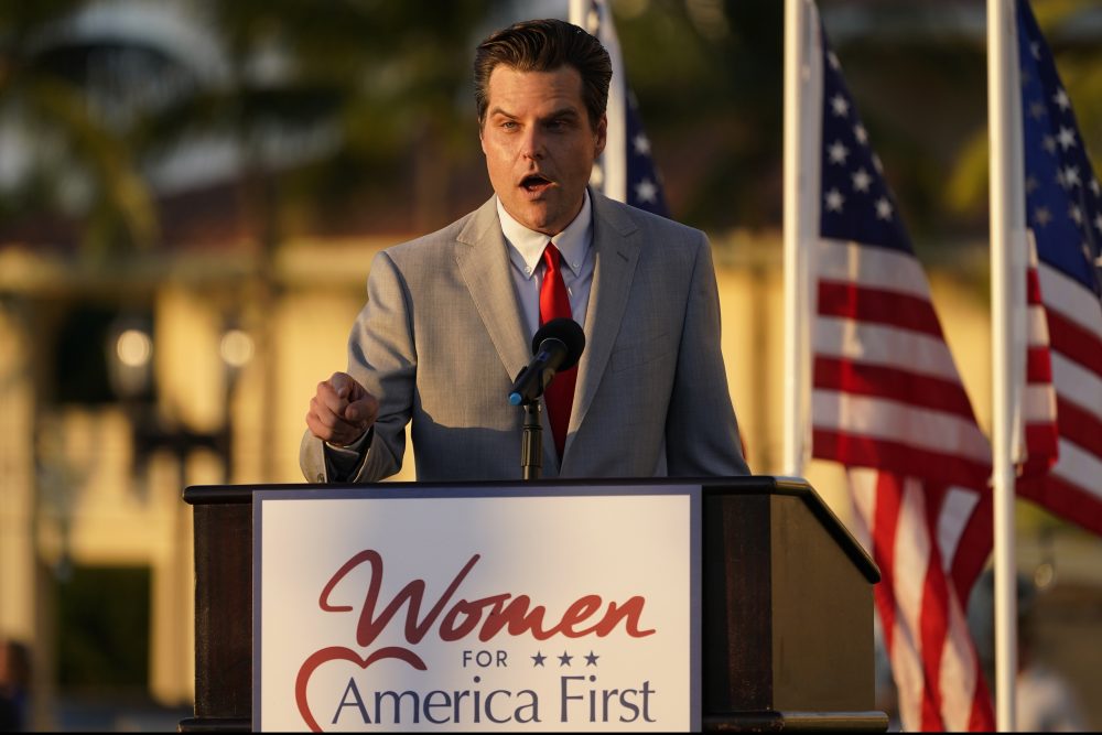 Congressman Matt Gaetz, R-Fla., speaks at "Women for American First" event, Friday, April 9, 2021, in Doral, Fla. The House Ethics Committee has opened an investigation of Rep. Gaetz, citing reports of sexual and other misconduct by the Florida Republican. (AP Photo/Marta Lavandier)