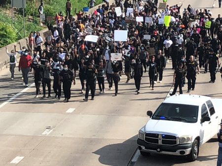 Black Lives Matter demonstrators marching up the South Freeway, May 29, 2020.