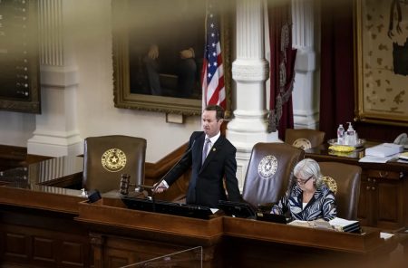 Texas House Speaker Dade Phelan addresses the chamber.