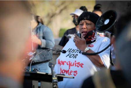 Debbie Bush speaks at a rally to support the Texas George Floyd Act outside of the Texas Capitol in March. Her nephew, Marquise Jones, was killed by a San Antonio police officer seven years earlier.