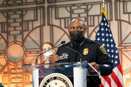 Houston Police Chief Troy Finner at the mayor's announcement of a slate new police reforms, on April 29, 2021.