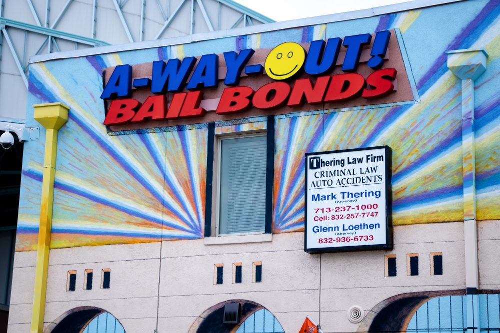 Located near Minute Maid Park, "A-Way-Out! Bail Bonds" is one of many locations of its kind in downtown Houston. Taken on October 17, 2019. 