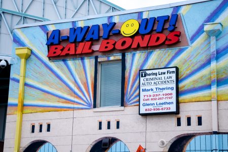 Located near Minute Maid Park, "A-Way-Out! Bail Bonds" is one of many locations of its kind in downtown Houston. Taken on October 17, 2019.