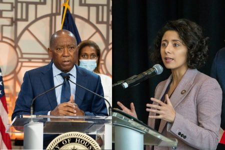Mayor Sylvester Turner, left, and Harris County Judge Lina Hidalgo have announced they do not plan to hold their city and county addresses with the Greater Houston Partnership, in response to the commerce chamber's silence on GOP-led election bills critics say suppress the vote.