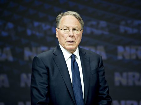 Wayne LaPierre, chief executive officer of the National Rifle Association, stands on stage after arriving at the NRA annual meeting in Dallas on May 5, 2018.
