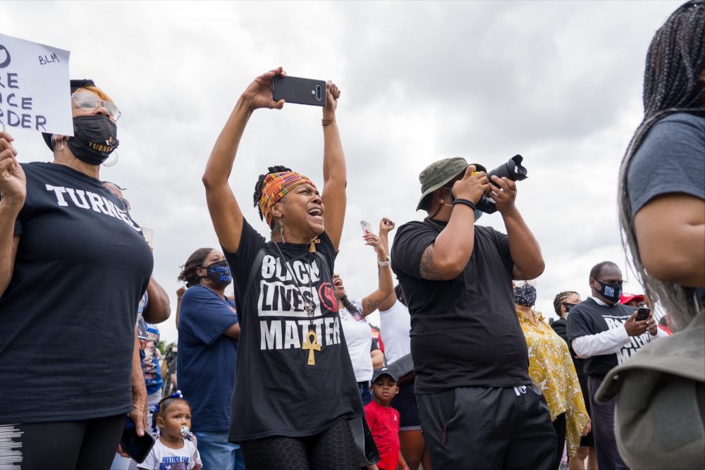 A crowd rallied in Baytown on May 13, 2021 in support of Pamela Turner, and demanded the firing of police officer Juan Delacruz. Cruz was indicted in her killing, and has been placed on administrative leave.