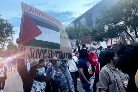 Protestors marched from the Israeli consulate on May 18, 2021, in support of Palestinians. Israel and Hamas have engaged in deadly clashes for nine days.