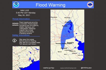 The National Weather Service issued a flood warniong for East Harris County on May 24, 2021.