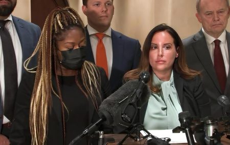 Jacquelyn Aluotto (right) speaks on behalf of the fourth female deputy accusing Harris County law enforcement of sexual misconduct. Taken on May 24, 2021.