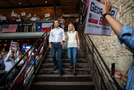 Texas Land Commissioner George P. Bush announces his candidacy for Attorney General at an event in Austin on June 2, 2021.