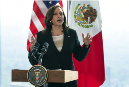 Vice President Kamala Harris speaks to the media, Tuesday, June 8, 2021, at the Sofitel Mexico City Reforma in Mexico City. She visited both Mexico and Guatemala to address immigration.