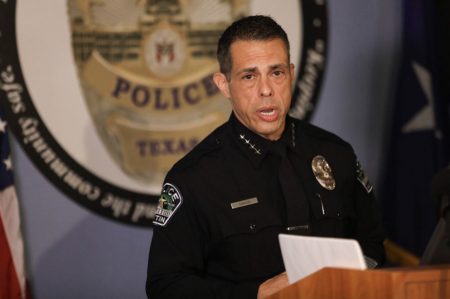 Michael Minasi
/
KUT
Interim Austin Police Chief Joseph Chacon gives an update on the mass shooting on Sixth Street early Saturday morning.