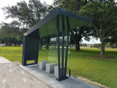 Distinctive bus shelters in the Westchase District were designed to provide better lines of sight for enhanced safety.