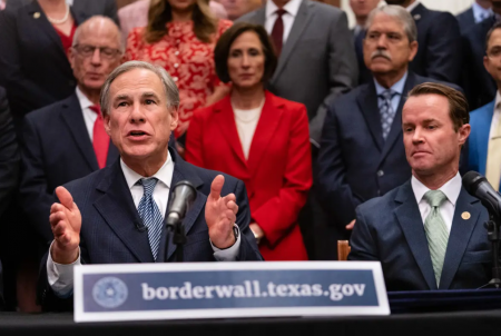 Gov. Greg Abbott and House Speaker Dade Phelan gave updates on their plan for Texas to build its own border wall at a press conference at the Texas Capitol on June 16.