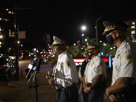 Chicago police Superintendent David Brown talks with members of the press outside Stroger Hospital, where two officers were brought after being shot during the Fourth of July holiday weekend.