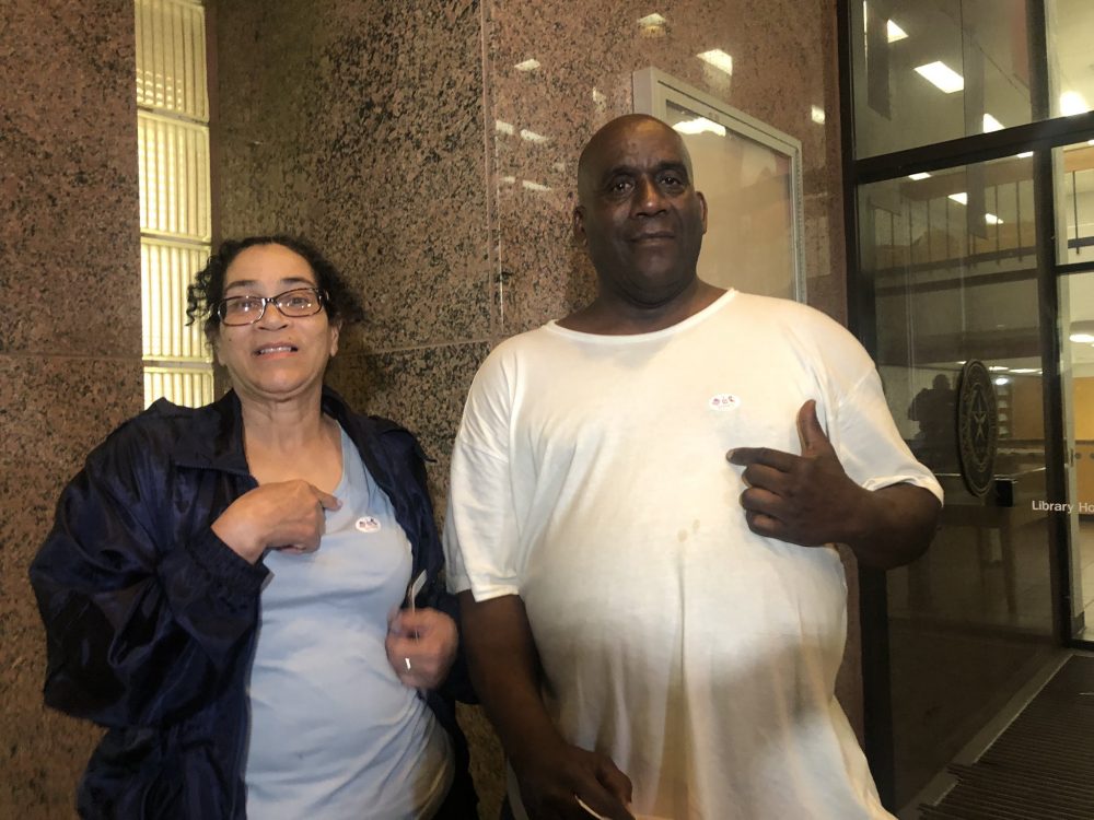 Carla Reed and Hervis Rogers, the last two voters at Texas Southern University. Finally got their "I voted" stickers. They waited six hours, until just after 1am. 