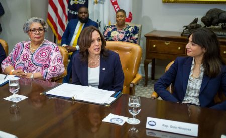 US Vice President Kamala Harris speaks during a meeting with members of the Democratic Texas State Senate and Texas House of Representatives in the Roosevelt Room of the White House in Washington, DC on June 16, 2021, flanking Harris are Texas House Rep. Senfronia Thompson (L) and Rep. Gina Hinojosa.