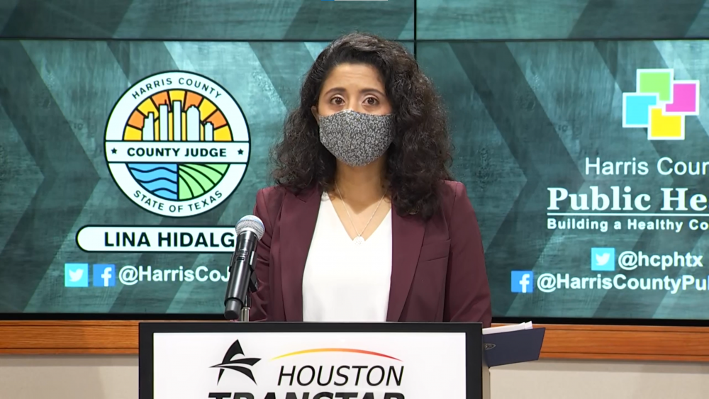 Harris County Judge Lina Hidalgo updates the public on the county's COVID-19 threat level on July 22, 2021. Hidalgo raised the threat level from "yellow" to "orange," indicating uncontrolled spread of the virus.