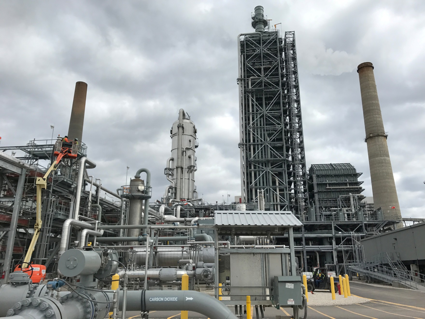 Equipment used to capture carbon dioxide emissions is seen at a coal-fired power plant owned by NRG Energy on January 9, 2017.
