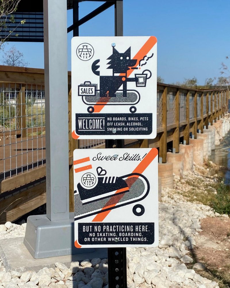 Ryan Feerer added fun creativity to directional signs for the Allen Ridge development near Abilene Christian University, where he teaches design.