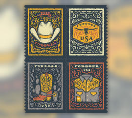 Ryan Feerer designed stamps featuring a cowboy hat, a belt buckle, a cowboy boot, and a pearl snap shirt for the USPS's Western wear stamp collection.