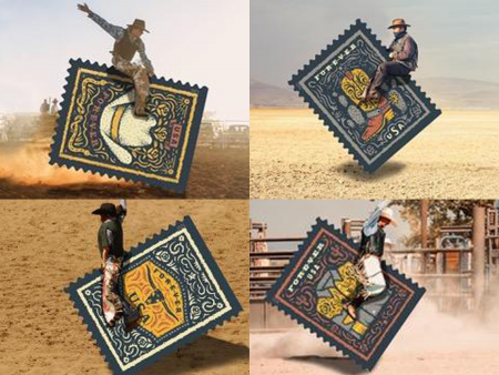 The USPS produced fun promotional images of cowboys riding the new Western wear stamps.