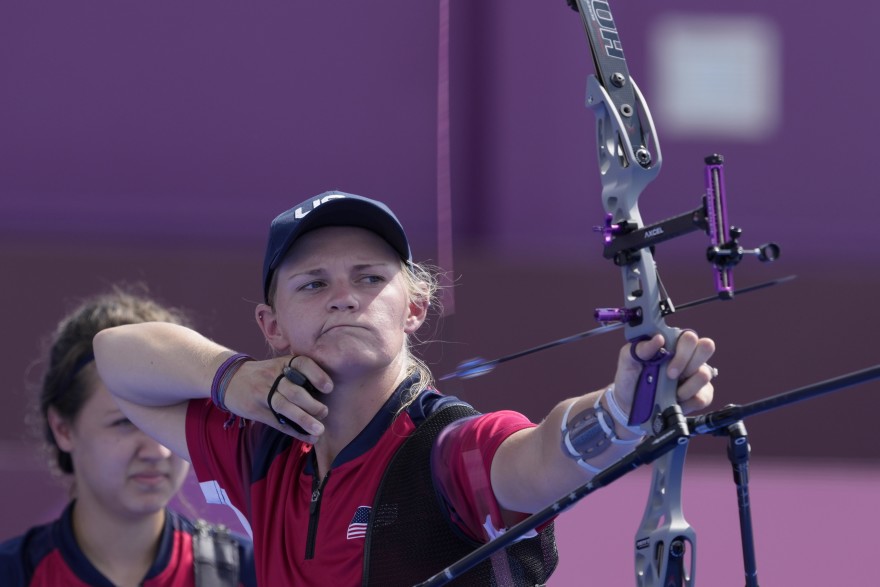 United States' Mackenzie Brown releases the arrow during the women's team competition at the 2020 Summer Olympics, Sunday, July 25, 2021, in Tokyo, Japan.