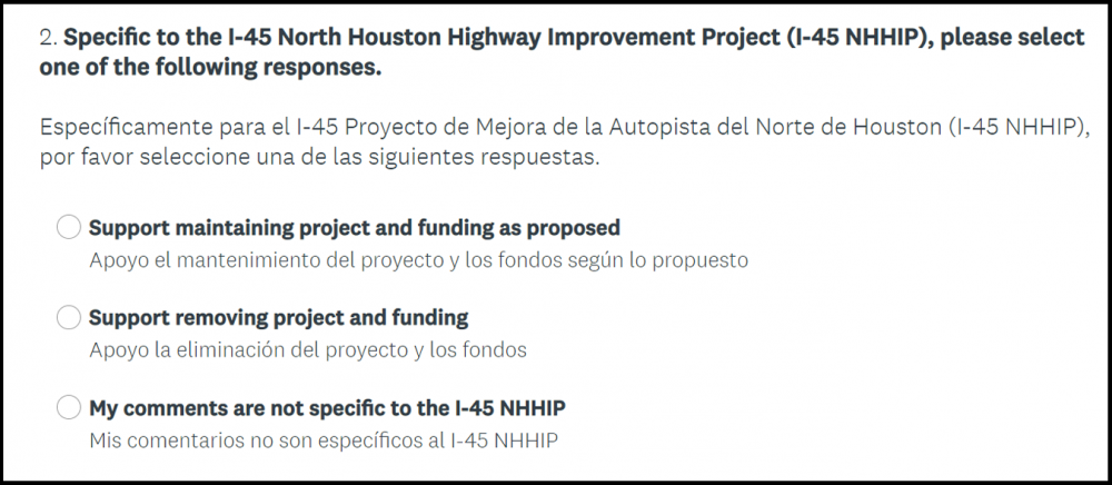A public survey created by TxDOT to gauge public opinion regarding proposed transportation projects, including the I-45 NHHIP.