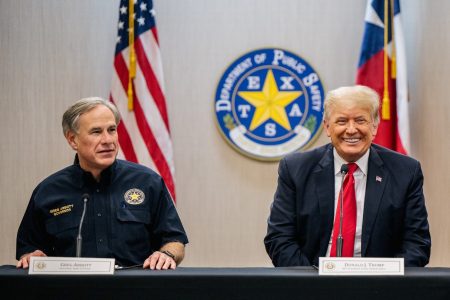 Texas Governor Greg Abbott addresses former U.S. President Donald Trump as Trump attends a border security briefing with the governor to discuss security at the U.S. southern border with Mexico in Weslaco, Texas, U.S. June 30, 2021.