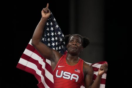 United States Tamyra Marianna Stock Mensah celebrates defeating Nigeria's Blessing Oborududu and winning the women's 68kg Freestyle wrestling final match at the 2020 Summer Olympics, Tuesday, Aug. 3, 2021, in Chiba, Japan.